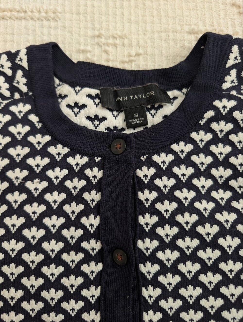 Ann Taylor Size Small Navy/White Textured Nylon Cardigan with 3/4 Sleeves